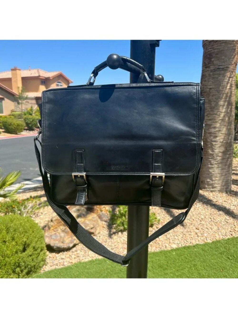 Kenneth Cole Reaction Black Leather Briefcase With Adjustable Shoulder Strap